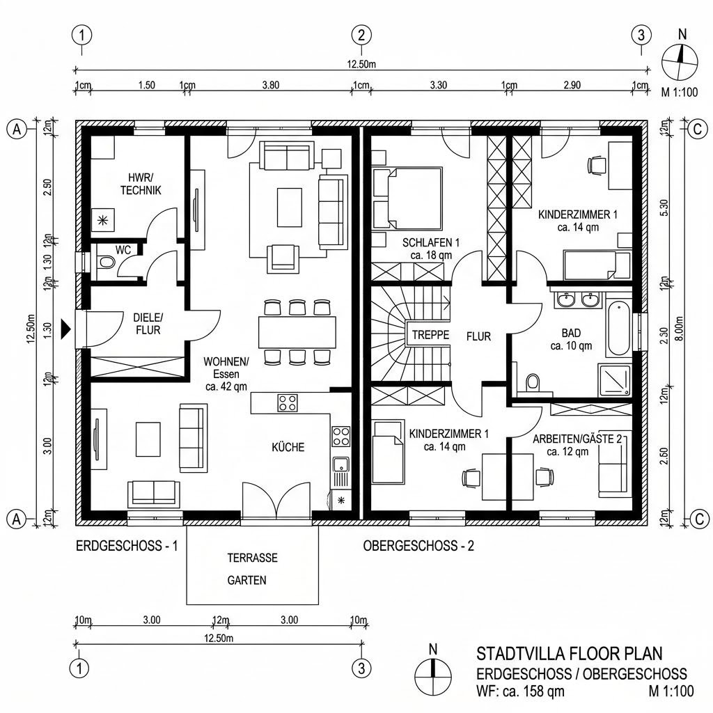 Grundriss Stadtvilla Ahorn 158 von Frammelsberger Holzhaus — 158 m², 5 Zimmer