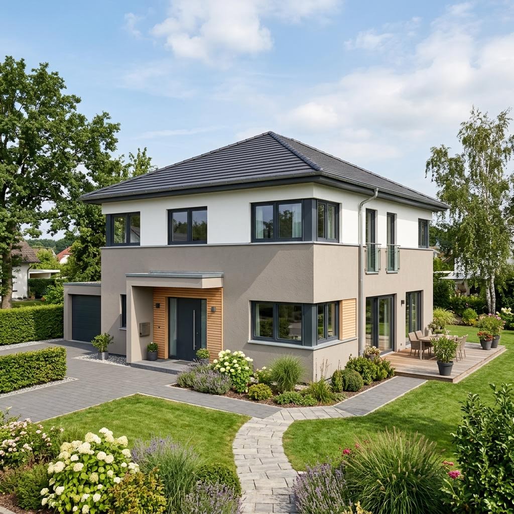 Stadtvilla Stadtresidenz Novara 178 von OKAL Haus — Holztafelbau mit Walmdach und rund 178 m²