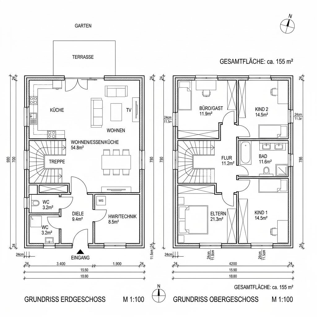 Grundriss Casa Stadtvilla 155 von Rubner Haus — 155 m², 5 Zimmer