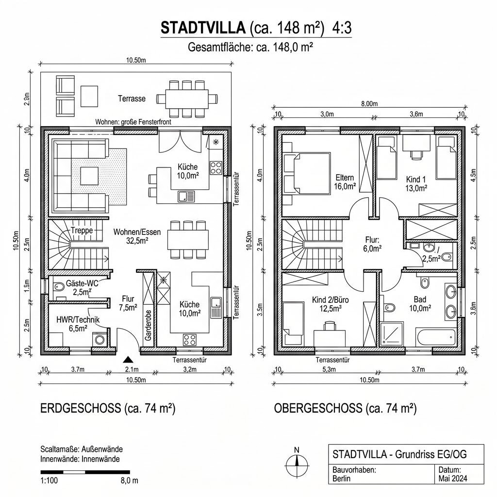 Grundriss Stadtvilla 148 von Team Massivhaus — 148 m², 5 Zimmer