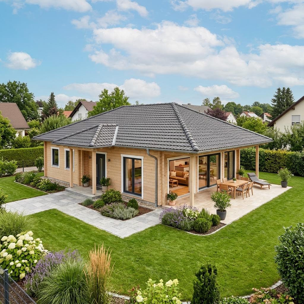 Holzhaus Bungalow Solvik 112 von Stommel Haus — Massivholz-Bungalow mit Walmdach und 112 m²