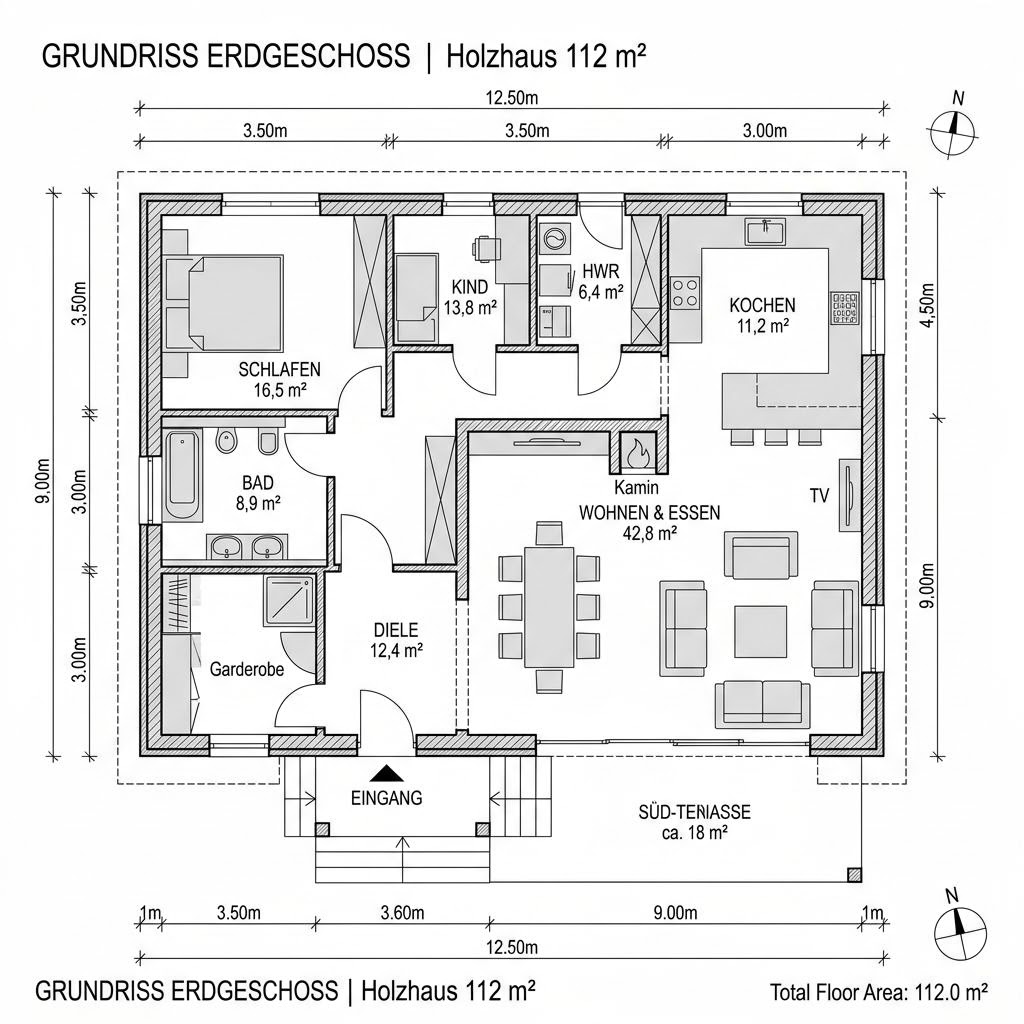 Grundriss Bungalow Solvik 112 – 112 m² Holzhaus mit 4 Zimmern