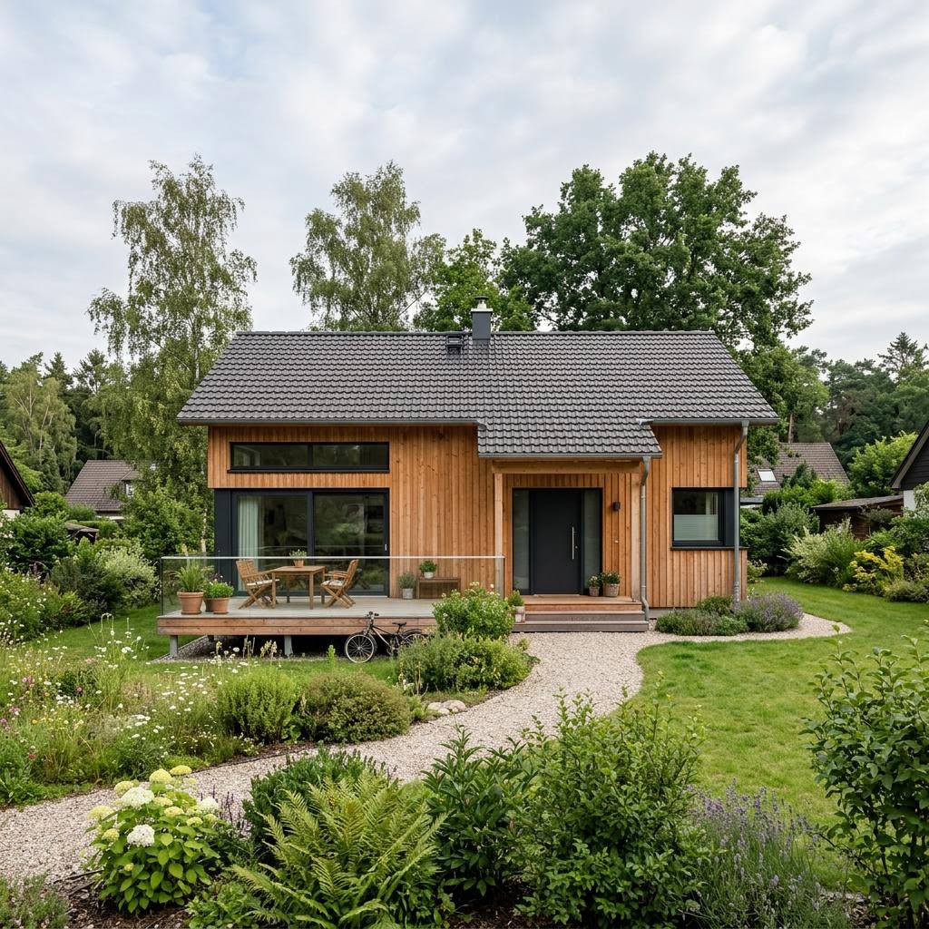 Ferienhaus Cottage 56 von Stommel Haus als kleines Massivholzhaus mit Terrasse und Satteldach