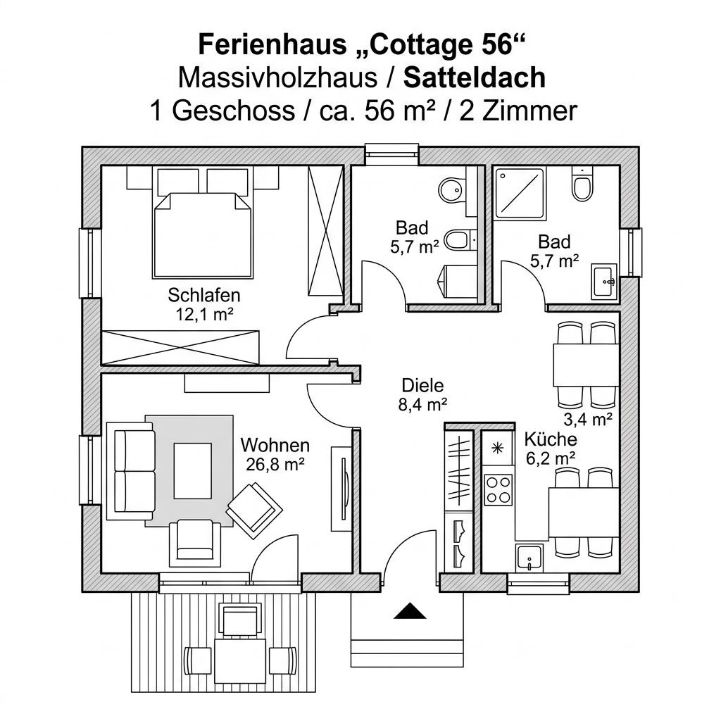Grundriss Cottage 56 von Stommel Haus — 56 m², 2 Zimmer