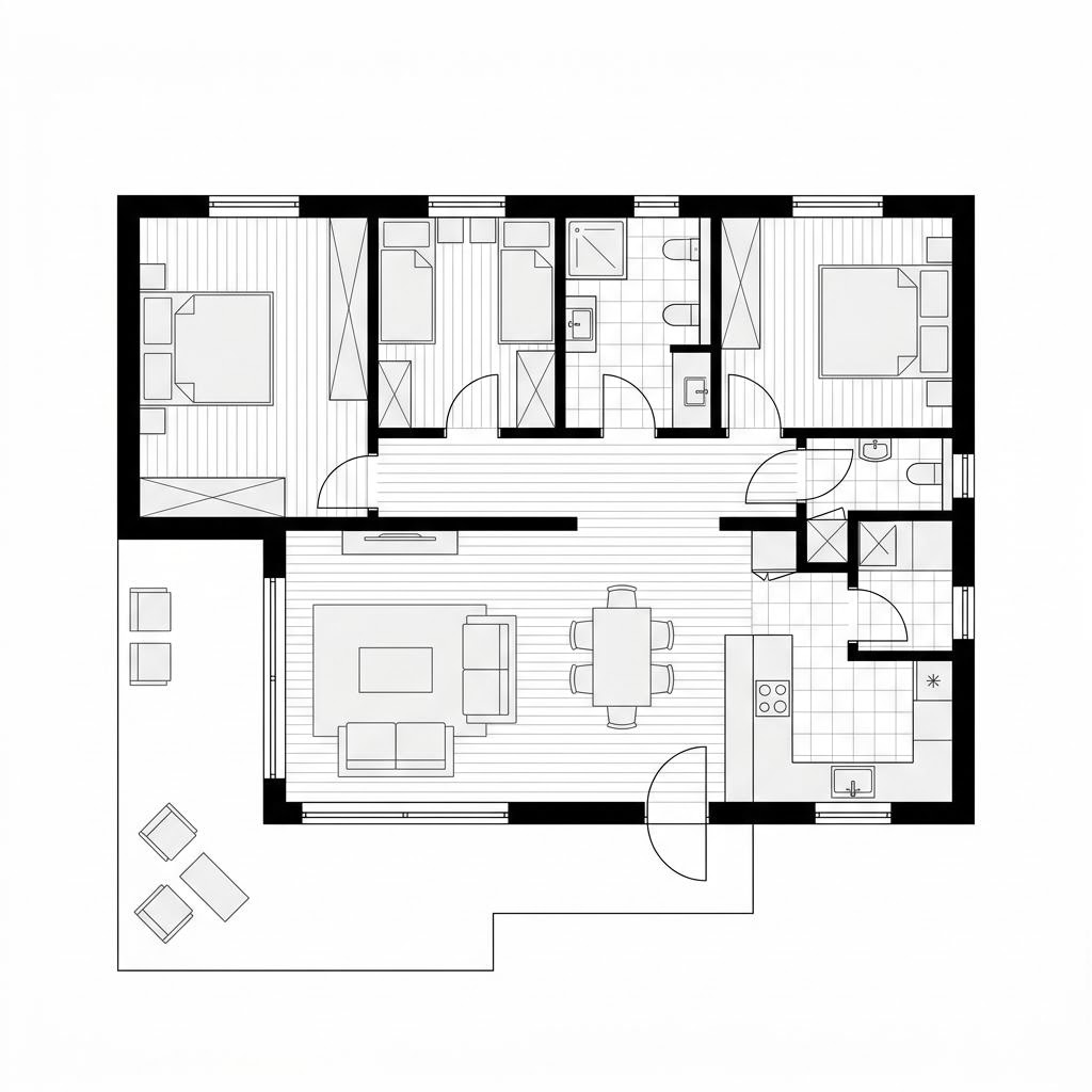 Grundriss Ferienhaus Seeblick 88 von Stommel Haus — 88 m², 3 Zimmer