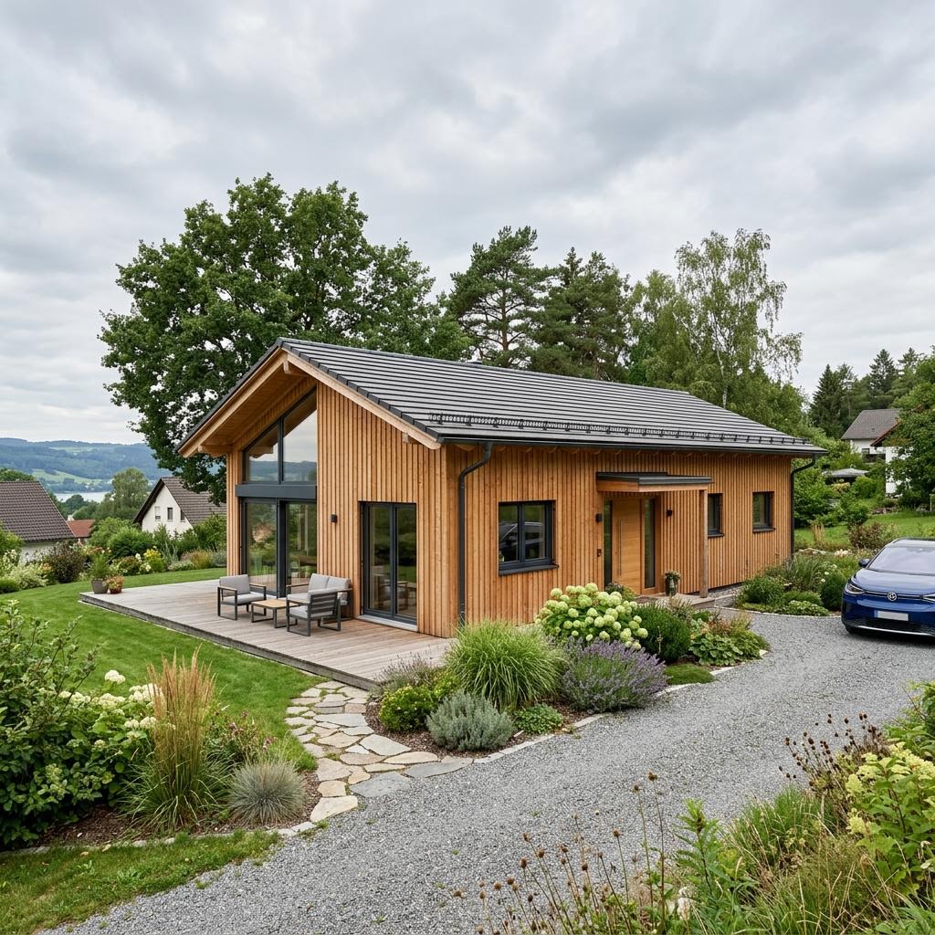 Ferienhaus Fjordblick 74 von Stommel Haus als Massivholzhaus mit heller Fassade und Satteldach