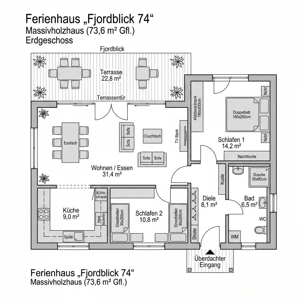 Grundriss Fjordblick 74 von Stommel Haus — 74 m², 3 Zimmer