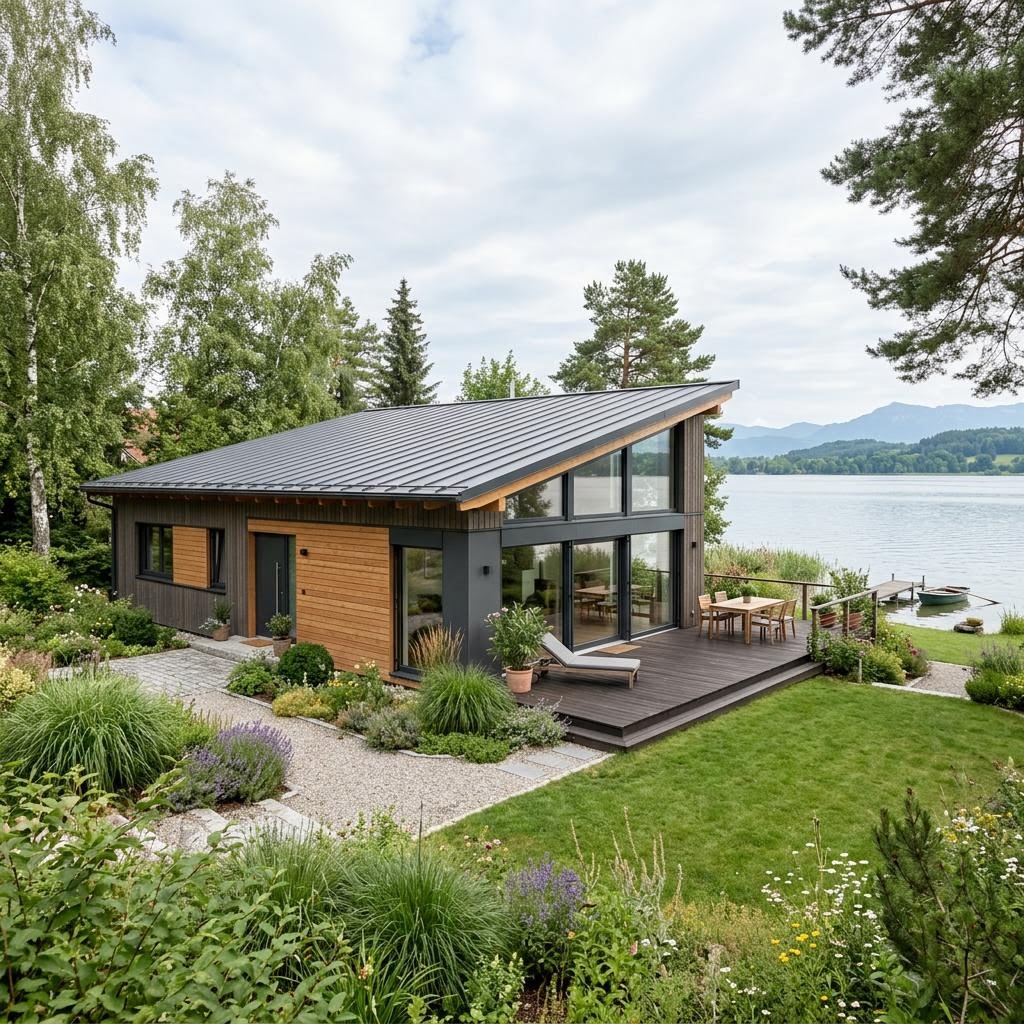 Ferienhaus Lakeside 98 von Stommel Haus als Massivholzhaus mit umlaufender Veranda und Pultdach