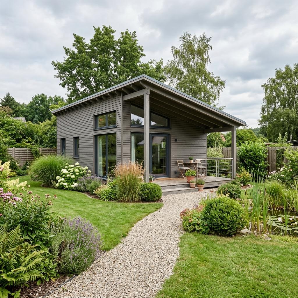 Ferienhaus Schilfrohr 42 der Seehaus Manufaktur Mecklenburg mit vergrauter Holzfassade und Pultdach