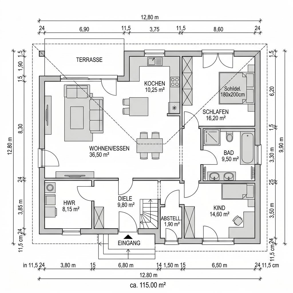 Grundriss Bungalow Walm 115 – 115 m² Bungalow mit 4 Zimmern