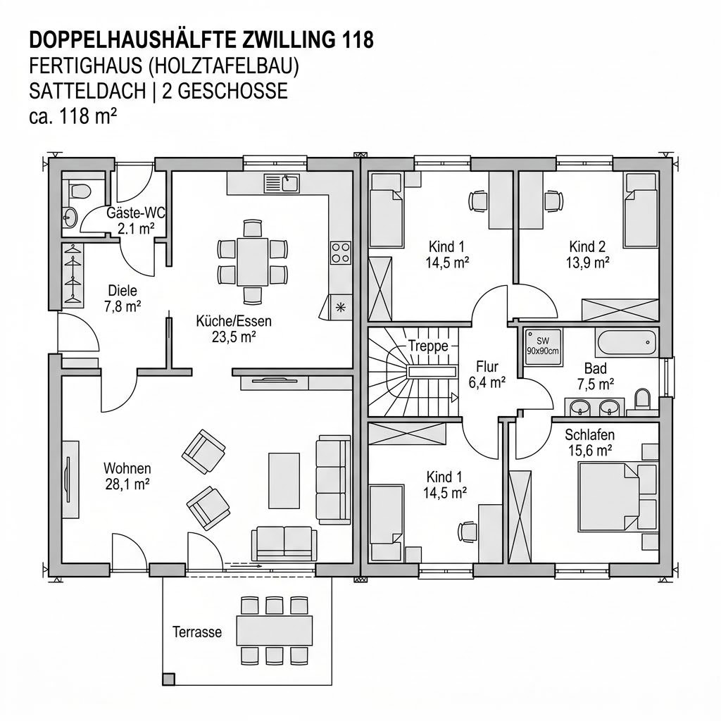 Grundriss Zwilling 118 von STREIF Haus — 118 m², 4 Zimmer