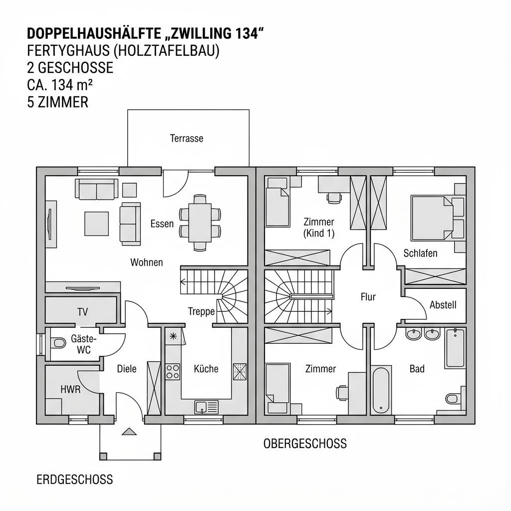 Grundriss Zwilling 134 von STREIF Haus — 134 m², 5 Zimmer