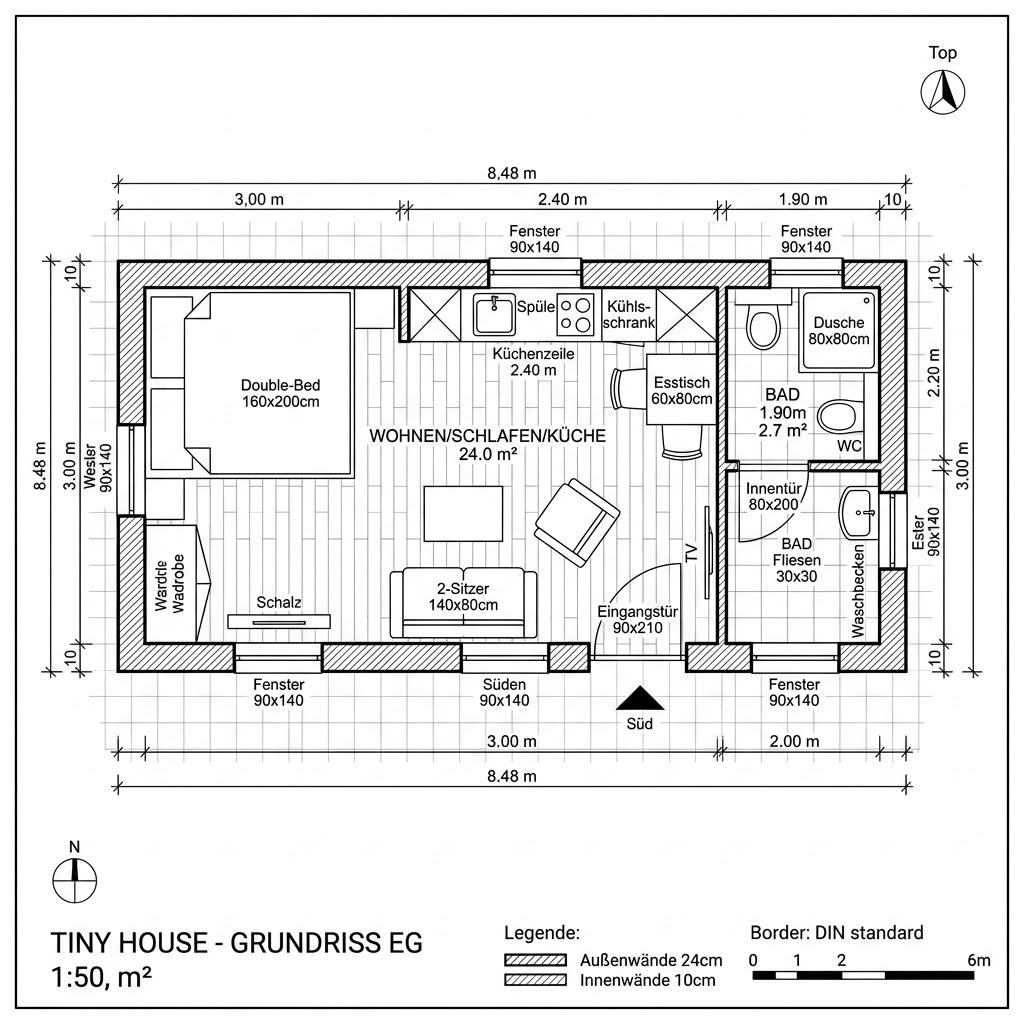 Grundriss Tiny Loft 24 – 24 m² Tiny House mit 1 Zimmern