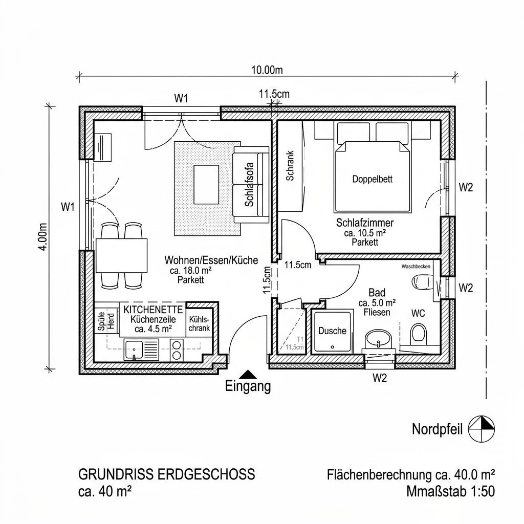 Grundriss Tiny Loft 40 – 40 m² Tiny House mit 2 Zimmern