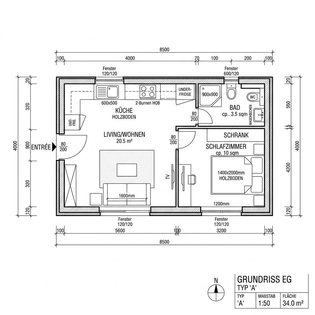 Grundriss Tiny House Aspen 34 von Greenville — 34 m², 2 Zimmer