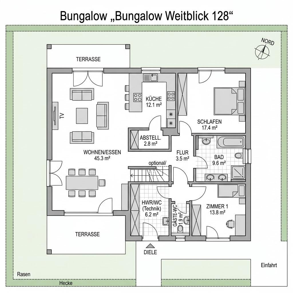 Grundriss Bungalow Weitblick 128 – 128 m² Bungalow mit 4 Zimmern