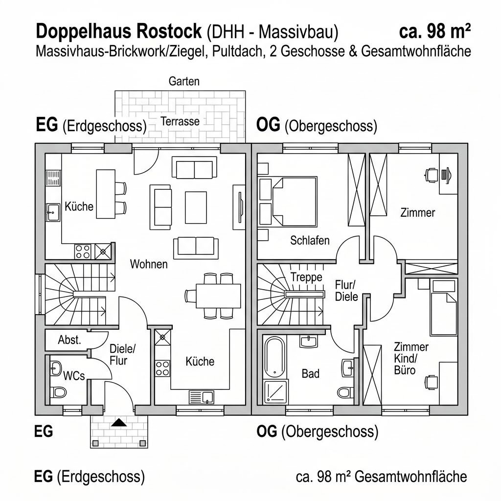 Grundriss Doppelhaus Rostock von Town & Country Haus Deutschland — 98 m², 3 Zimmer