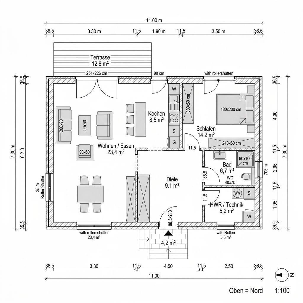 Grundriss Singlehaus Flair 70 – 70 m² Singlehaus mit 2 Zimmern