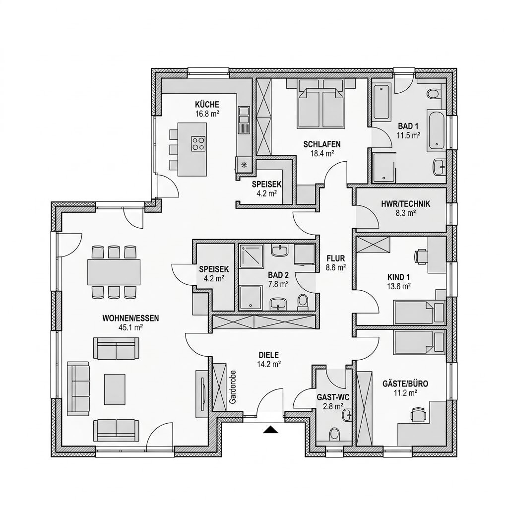 Grundriss Winkelbungalow Familienwinkel 150 – 150 m² Winkelbungalow mit 5 Zimmern