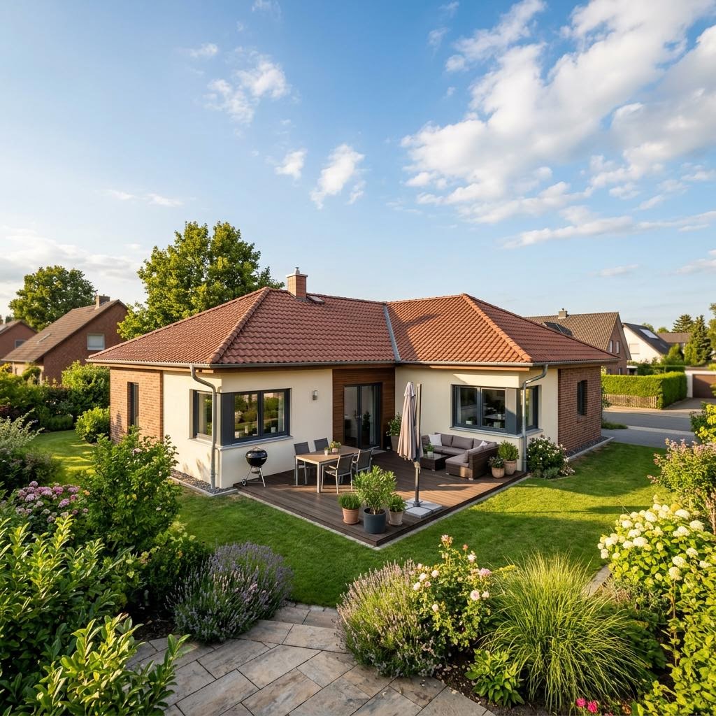 Massiver Winkelbungalow Sonnenwinkel 142 von town-und-country mit Walmdach und Südterrasse
