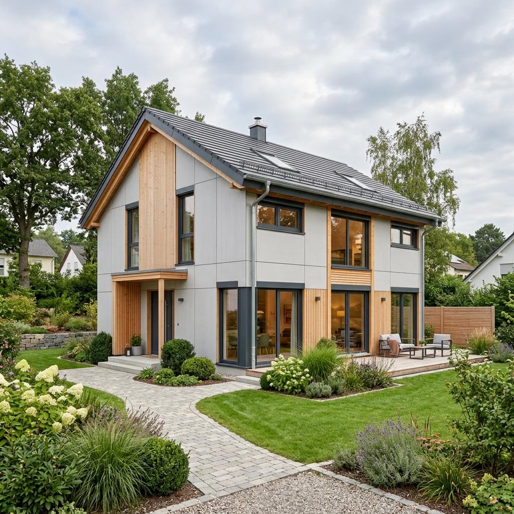 Modulhaus Family Modul 110 von Vario-Haus — zweigeschossiges Holzmodulhaus mit Satteldach und 110 m²