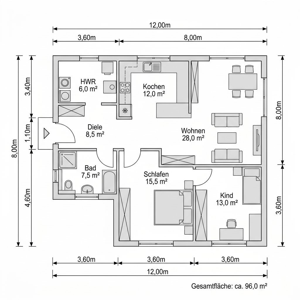 Grundriss Modulhaus Flex 96 – 96 m² Modulhaus mit 4 Zimmern