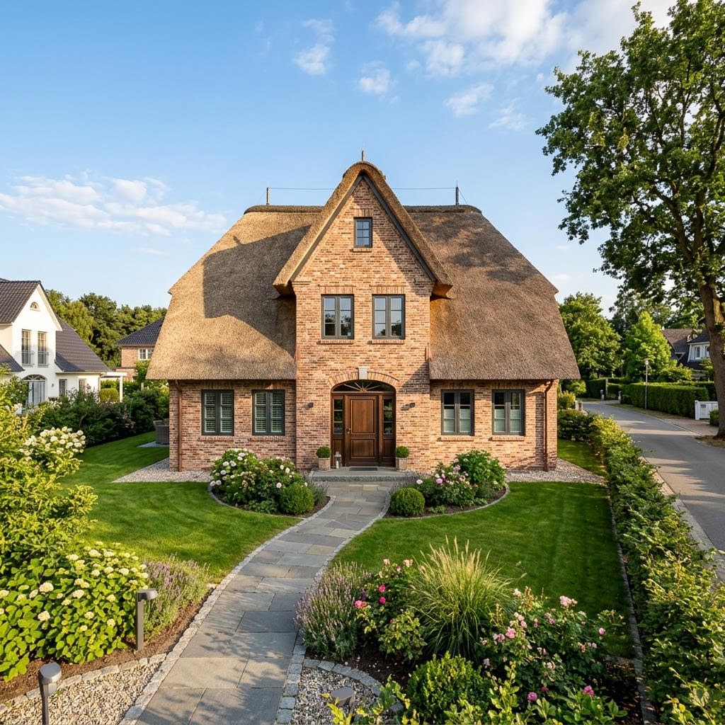 Friesenhaus Reetmaxime von Viebrockhaus mit Reetdach-Optik und Backstein