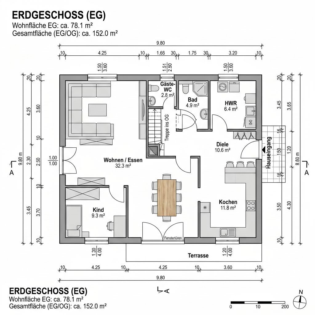 Grundriss Landhaus Fachwerk Diele 152 – 152 m² Landhaus mit 5 Zimmern