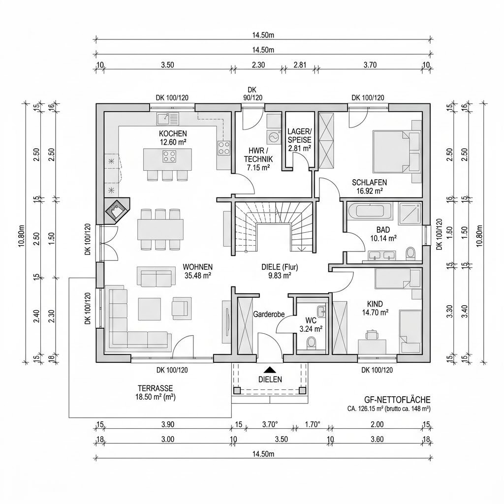 Grundriss Landhaus Kate 126 – 126 m² Landhaus mit 4 Zimmern