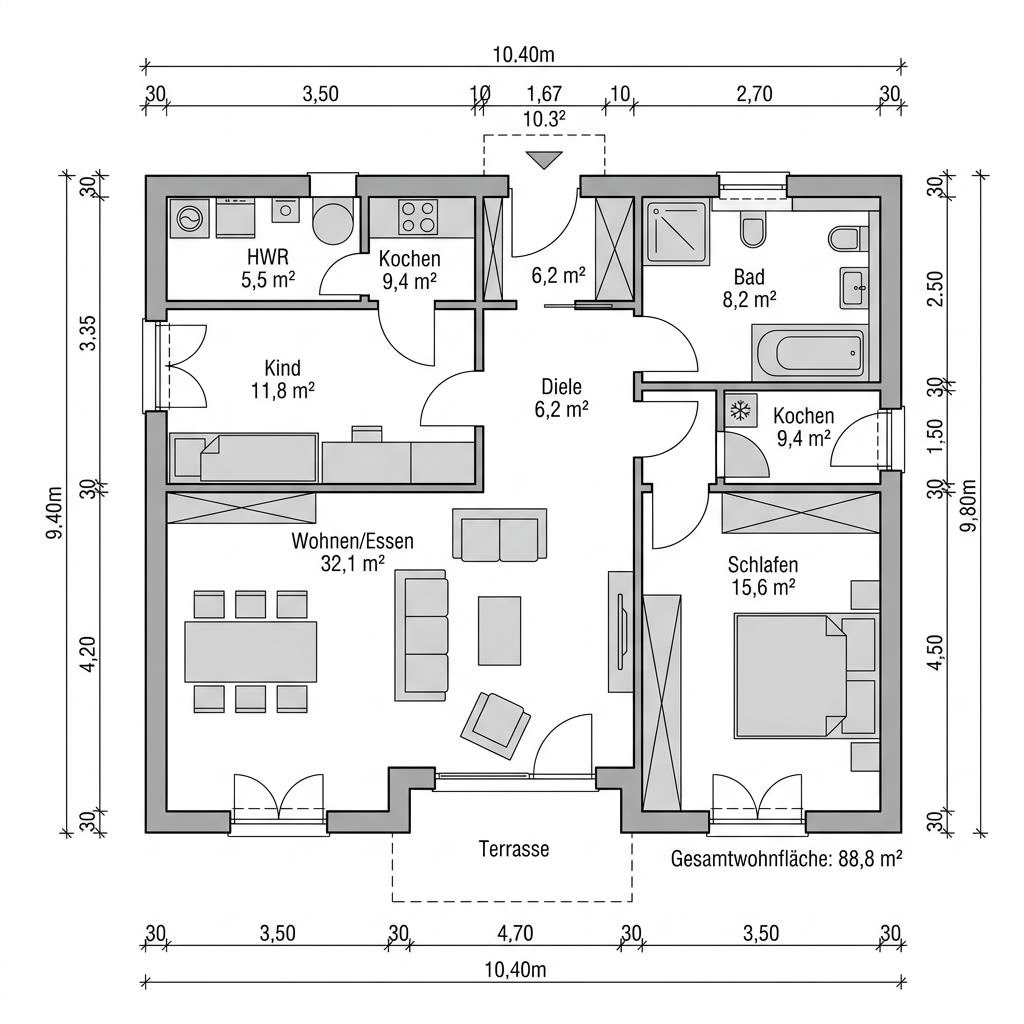 Grundriss Bungalow Flach 102 – 102 m² Bungalow mit 3 Zimmern