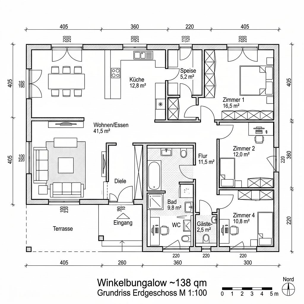 Grundriss Winkelbungalow Buche 138 – 138 m² Winkelbungalow mit 5 Zimmern