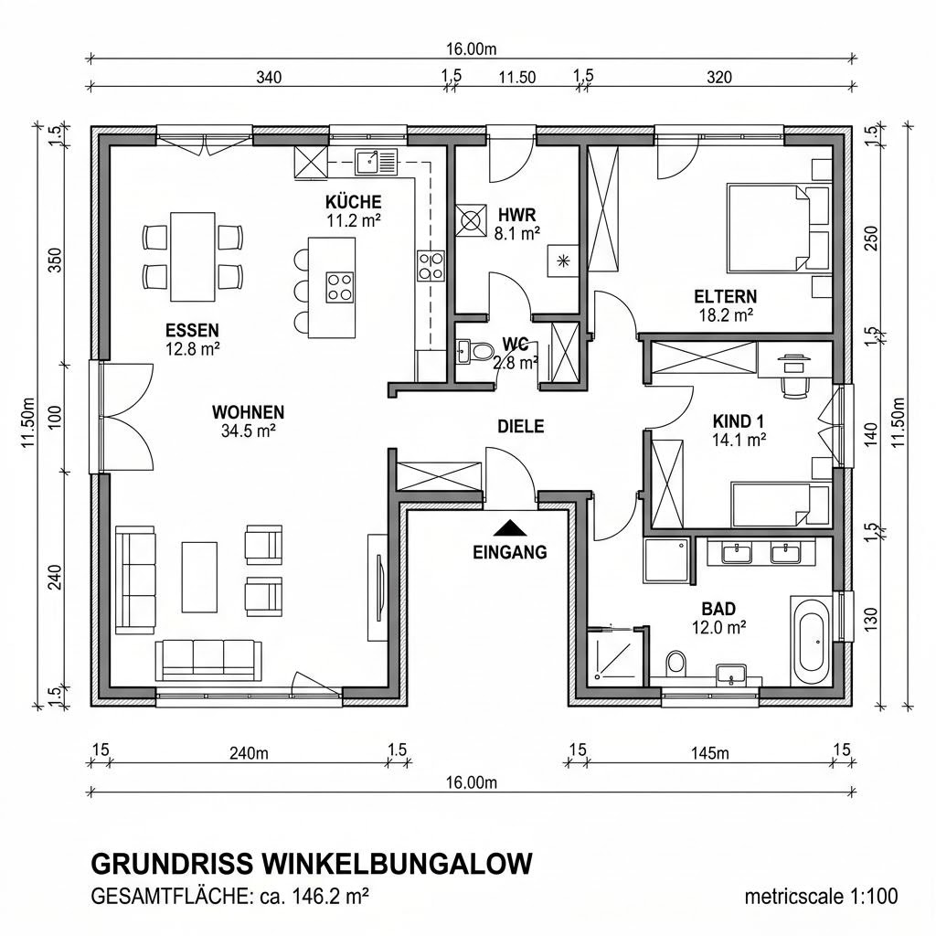 Grundriss Winkelbungalow Cumulus 770 – 146 m² Winkelbungalow mit 4 Zimmern