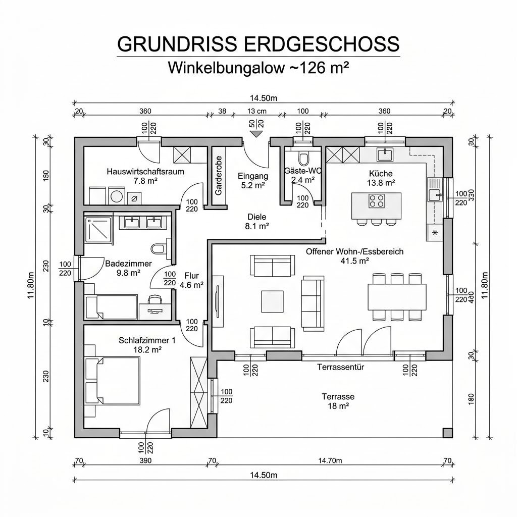 Grundriss Winkelbungalow Cumulus 962 – 126 m² Winkelbungalow mit 3 Zimmern