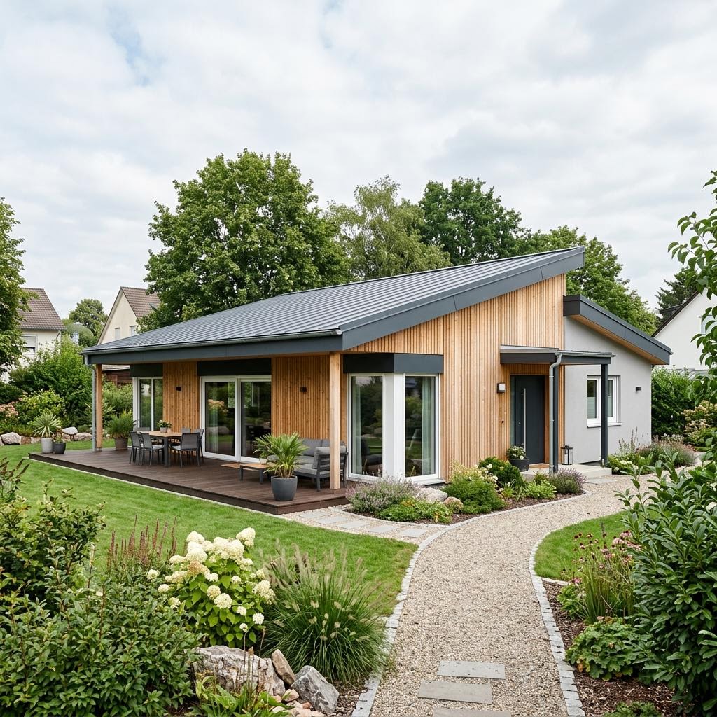 Bungalow Horizont 96 von WOLF-HAUS mit Pultdach — kompakter Holz-Bungalow mit 96 m²
