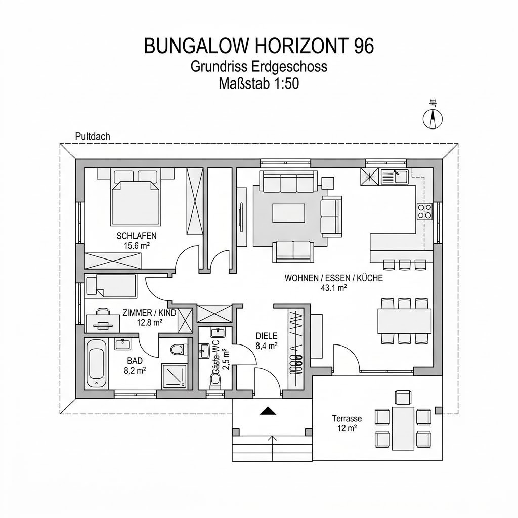 Grundriss Bungalow Horizont 96 – 96 m² Bungalow mit 3 Zimmern