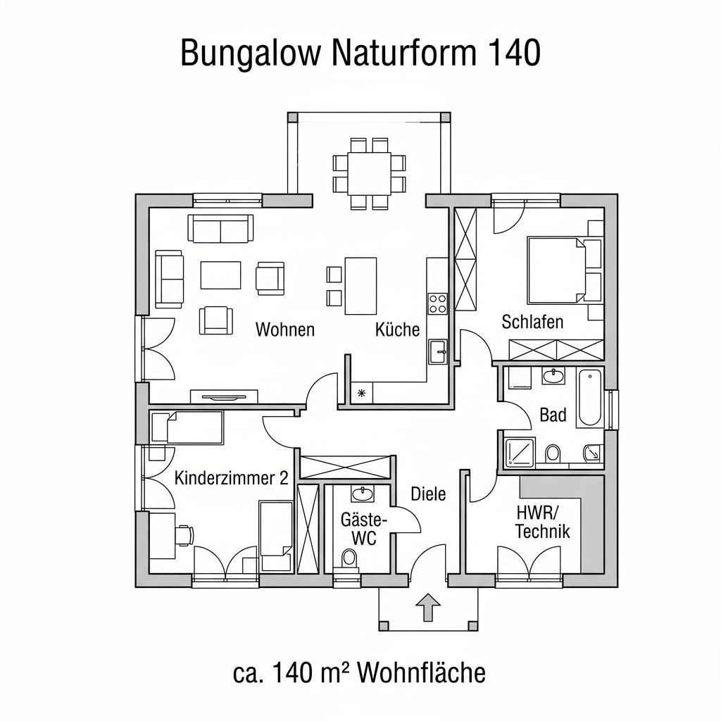 Grundriss Bungalow Naturform 140 von WOLF-HAUS — 140 m², 5 Zimmer