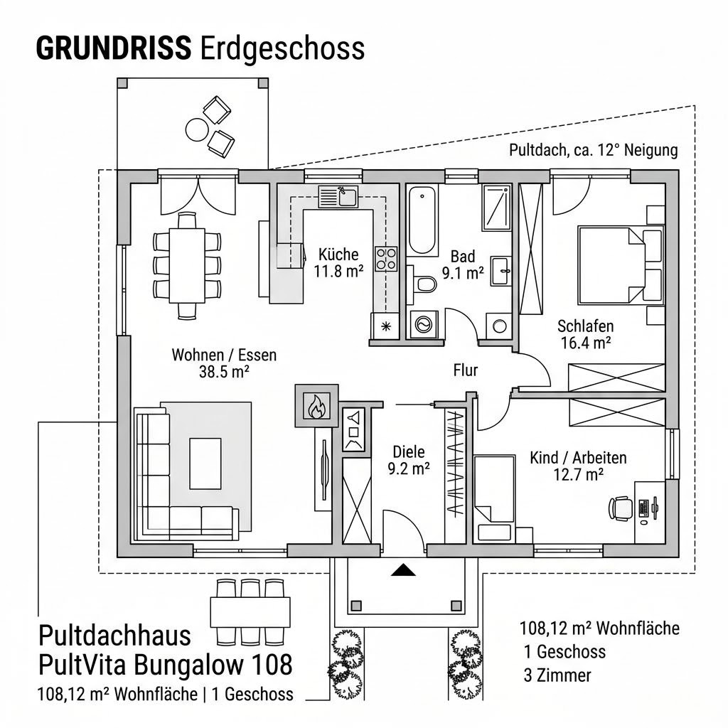 Grundriss PultVita Bungalow 108 von WOLF-HAUS — 108 m², 3 Zimmer