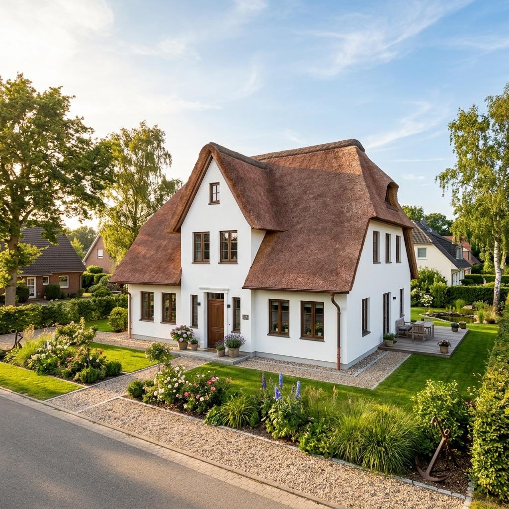 Friesenhaus Reetliebe von WOLF-HAUS mit weißer Putzfassade und Sprossenfenstern