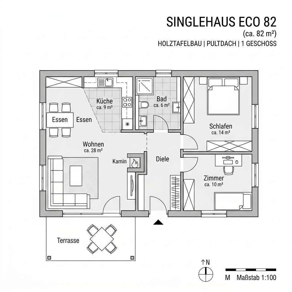 Grundriss Singlehaus Eco 82 – 82 m² Singlehaus mit 3 Zimmern