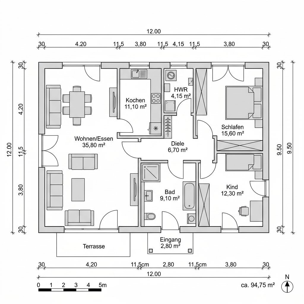 Grundriss Singlehaus Mono 95 – 95 m² Singlehaus mit 3 Zimmern