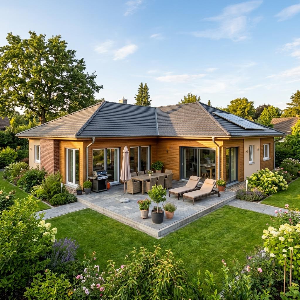 Geräumiger Winkelbungalow Gartenwinkel 152 von wolf-haus mit Walmdach und Gartenterrasse