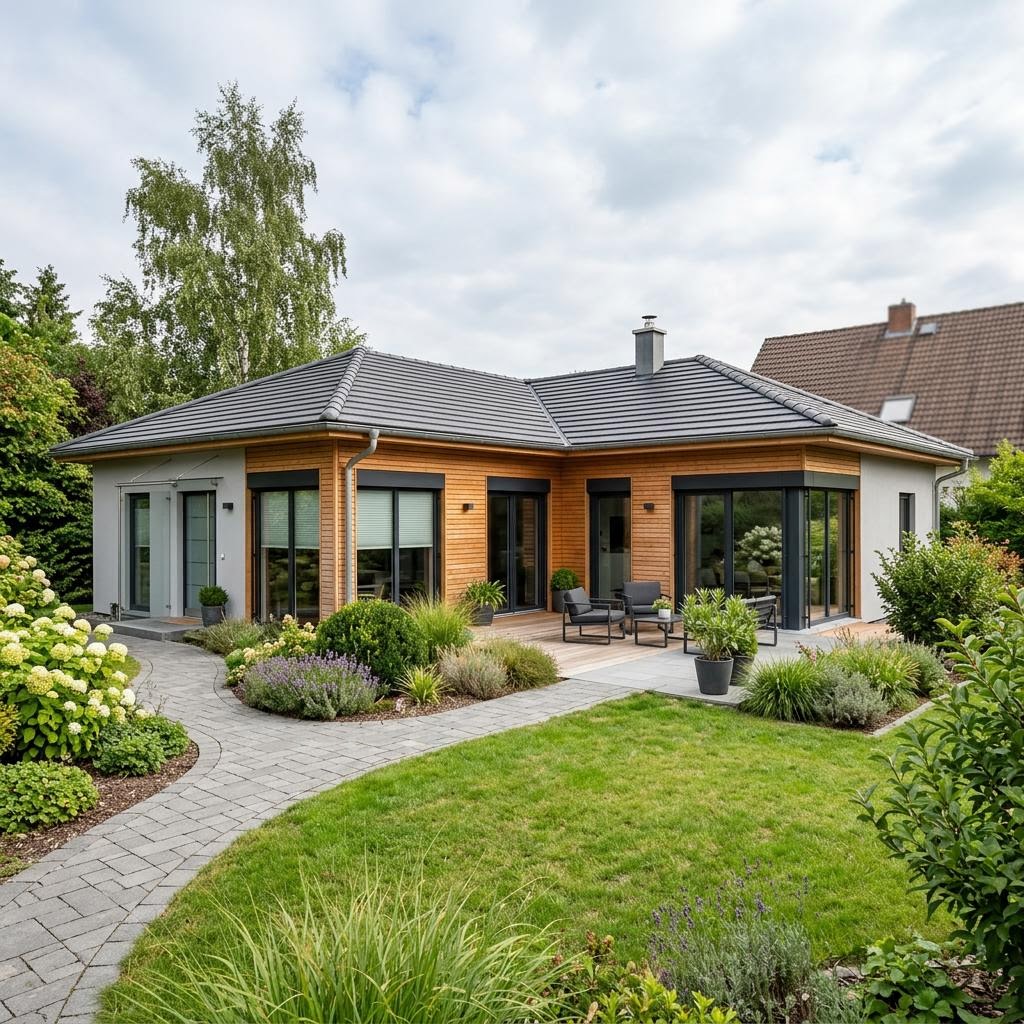 Winkelbungalow Ruhewinkel 130 von WOLF-HAUS mit Walmdach — Holz-Winkelbungalow mit 130 m²