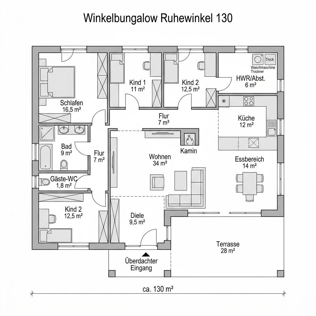 Grundriss Winkelbungalow Ruhewinkel 130 – 130 m² Winkelbungalow mit 4 Zimmern