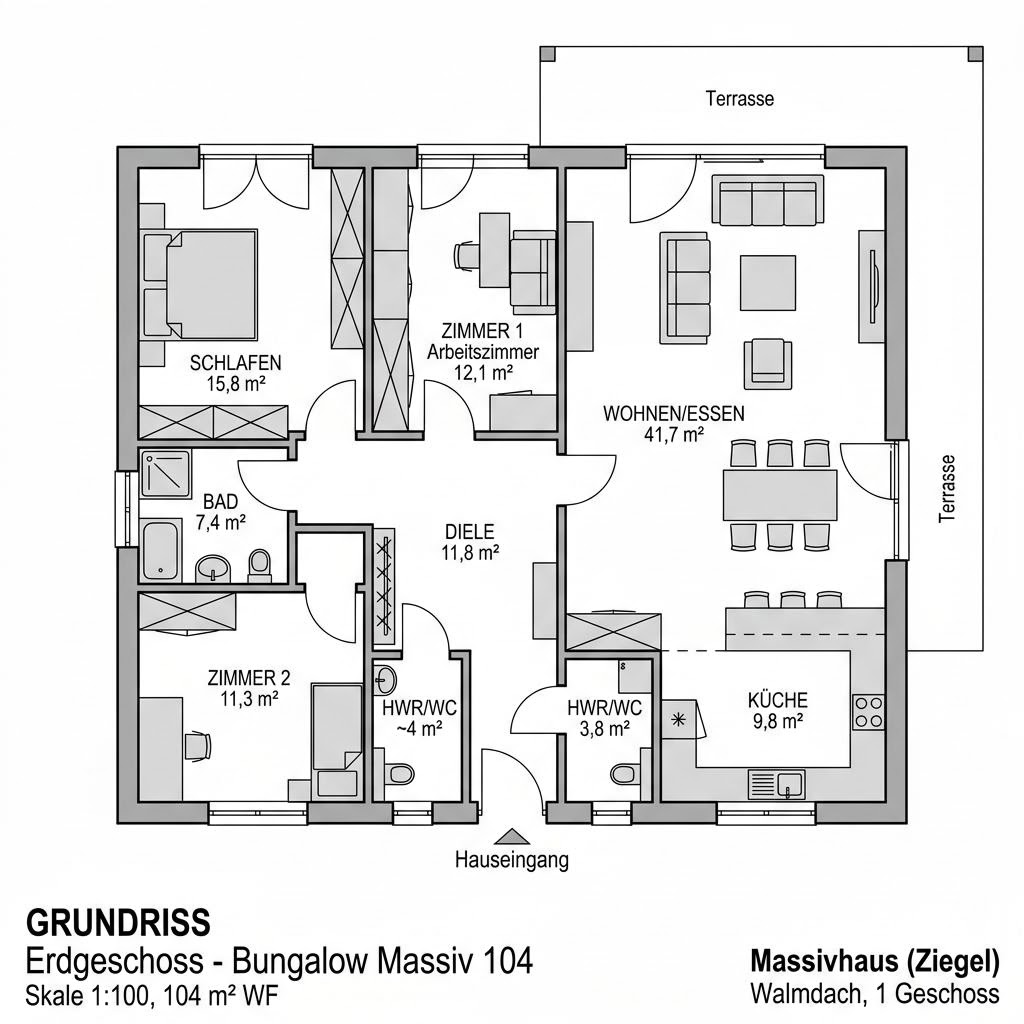 Grundriss Bungalow Massiv 104 von Ytong Bausatzhaus — 104 m², 4 Zimmer