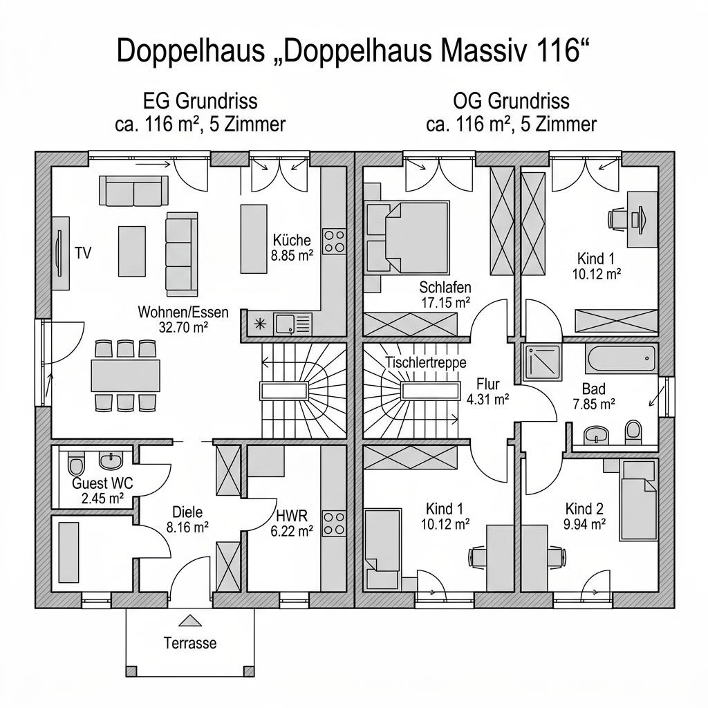 Grundriss Doppelhaus Massiv 116 von Ytong Bausatzhaus — 116 m², 5 Zimmer