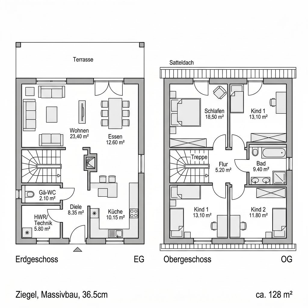 Grundriss EFH Massiv 128 von Ytong Bausatzhaus — 128 m², 5 Zimmer