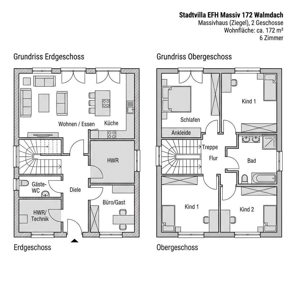 Grundriss EFH Massiv 172 Walmdach von Ytong Bausatzhaus — 172 m², 6 Zimmer