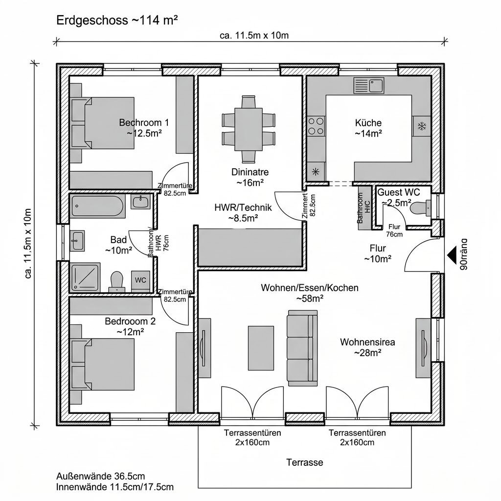 Grundriss BGL 114 – 114 m² Bausatzhaus mit 4 Zimmern