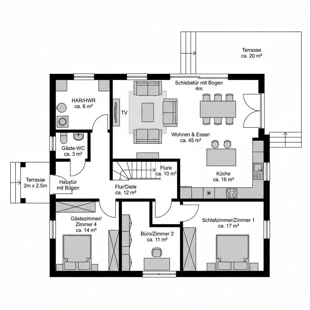Grundriss BGL 120 – 121 m² Bausatzhaus mit 4 Zimmern
