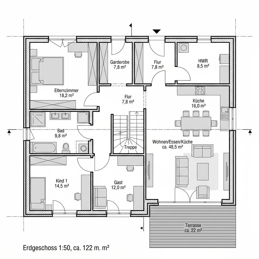 Grundriss BGL 121 – 122 m² Bausatzhaus mit 4 Zimmern